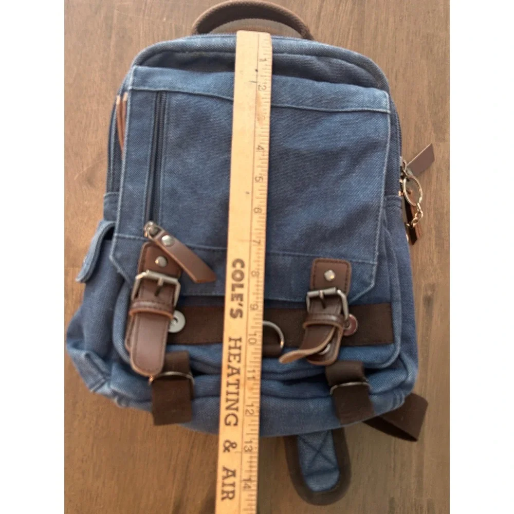 Washed Blue Canvas Sling Backpack One Strap Crossbody Bag Brown Trim Messenger